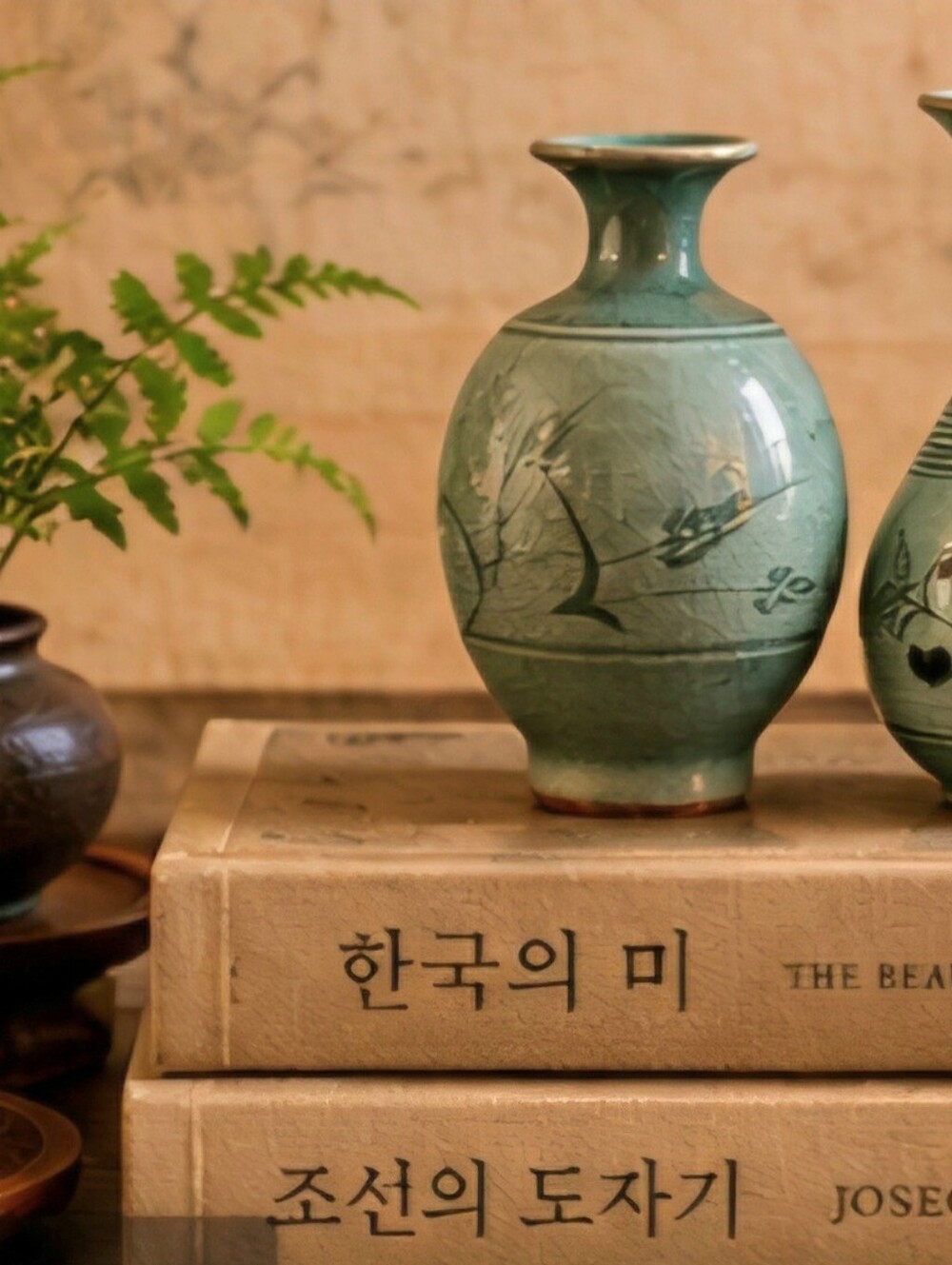 Vintage Signed Korean Celadon Miniature Vase Set Pair Inlaid Crane Ceramic
